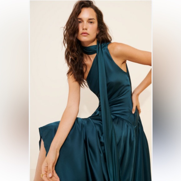 BHLDN Dresses & Skirts - BHLDN one shoulder scarf maxi dress dark green wedding cocktail party size large
